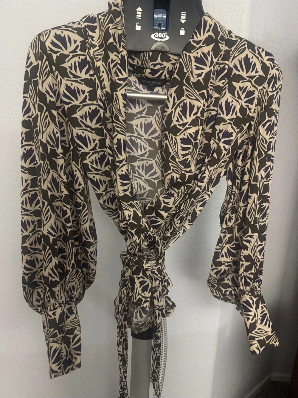 Banana Republic Black and Cream Leaf-Print Tie-Front Blouse